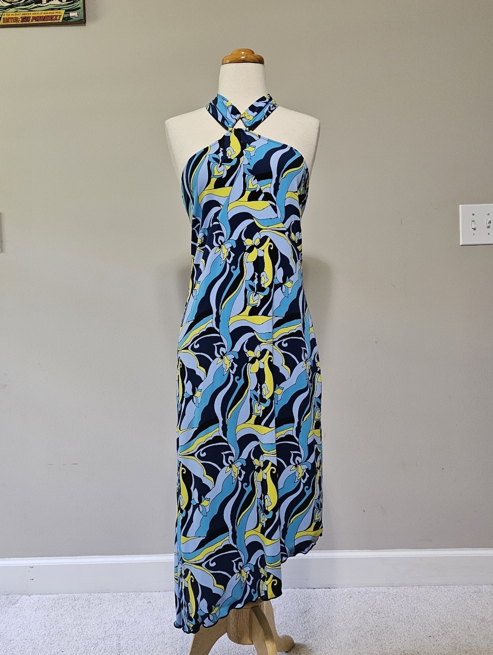 Q.U.E. Y2K Psychedelic Halter Asymmetric Midi Dress M